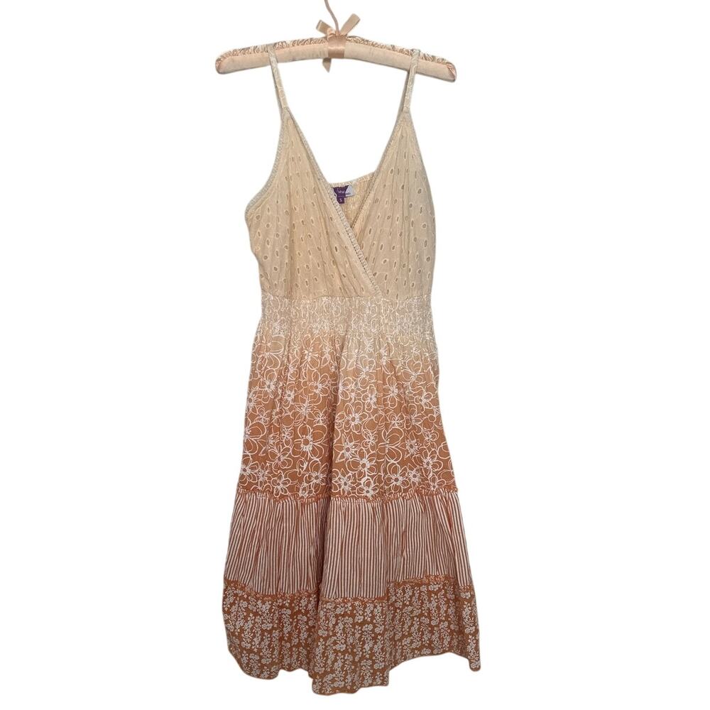 Patchwork 100% Cotton Small Butter Yellow Orange Floral Eyelet Lace Mini Dress